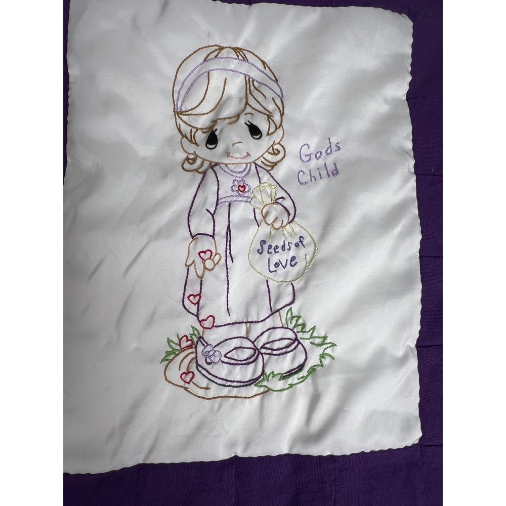 Precious Moments Gods Child Embroidered Quilt Blanket Purple White‎ Checkered